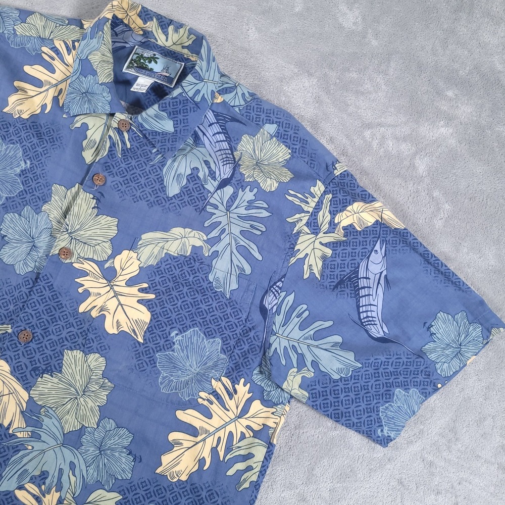 AFTCO Bluewater Shirt Mens Large Blue Floral Hawaiian Button Up Short Sleeve